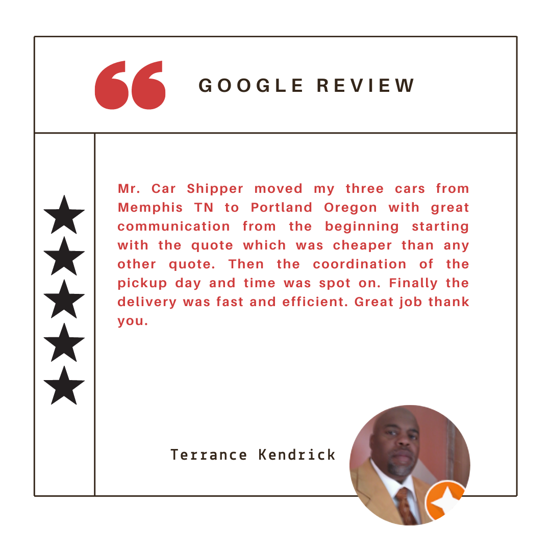 Mr. Car Shipper moved my three cars from Memphis TN to Portland Oregon with great communication from the beginning starting with the quote which was cheaper than any other quote. Then the coordination of the pickup day and time was spot on. Finally the delivery was fast and efficient. Great job thank you.