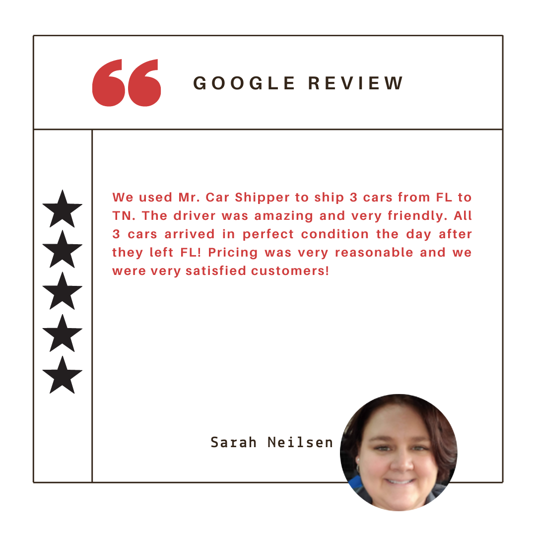 We used Mr. Car Shipper to ship 3 cars from FL to TN. The driver was amazing and very friendly. All 3 cars arrived in perfect condition the day after they left FL! Pricing was very reasonable and we were very satisfied customers!
